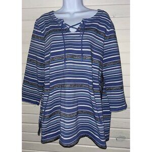 T by Talbots Sz XL Preppy Stripe Lace Up Pullover Top Tunic Blue Gray Knit EUC